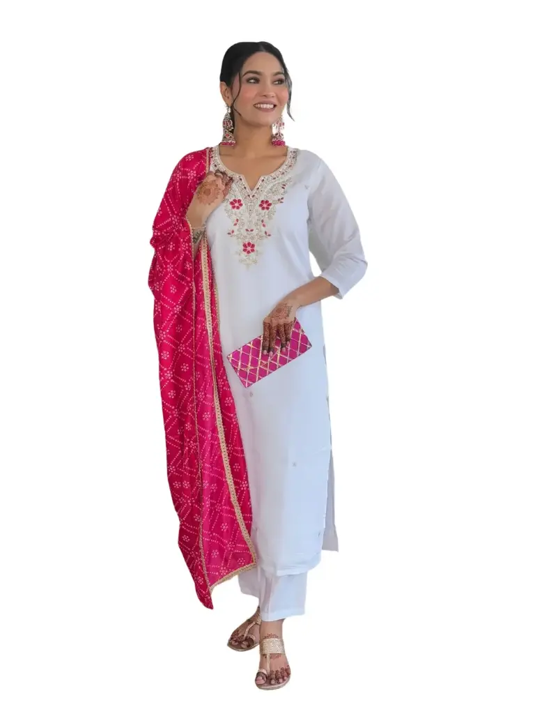 Viscose Embroidered Straight Kurta with Pant And Silk Blend Laced Dupatta Sets,