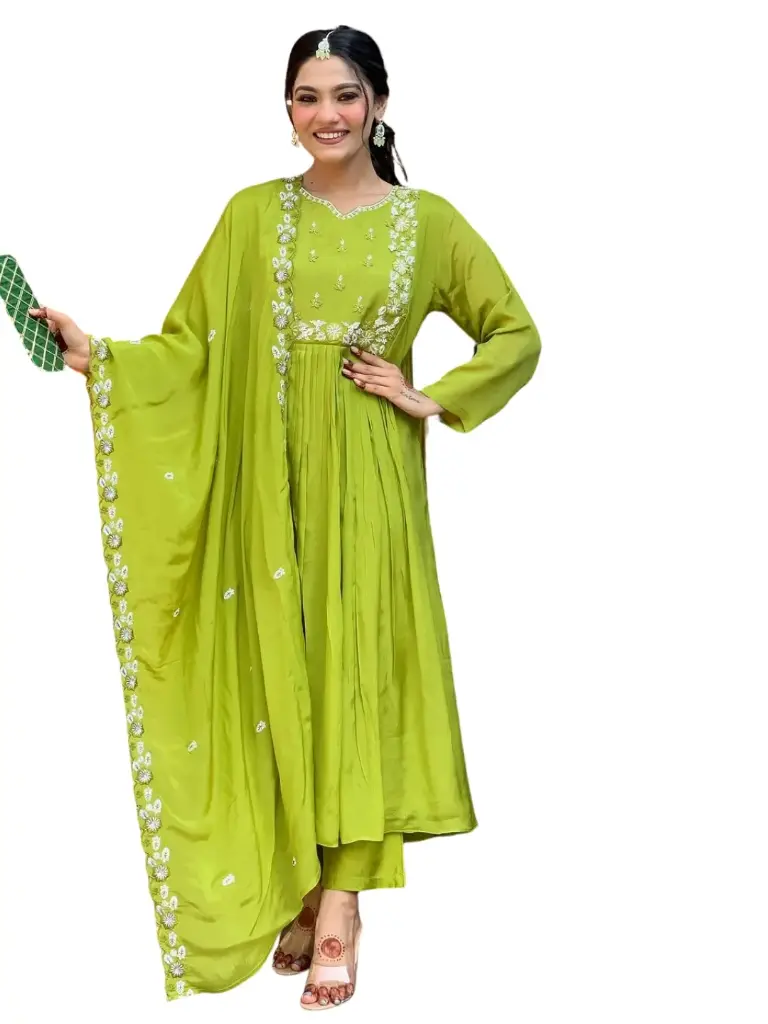 Chinon with Cotton Lining Embroidered Flared Kurta with Rayon Pant And Chinon Embroidered Dupatta Sets