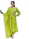 Chinon with Cotton Lining Embroidered Flared Kurta with Rayon Pant And Chinon Embroidered Dupatta Sets
