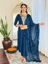 Women's Petrol Rayon Embroidered Straight Kurta with Rayon Pant And Silk Chiffon Laced Dupatta Sets.
