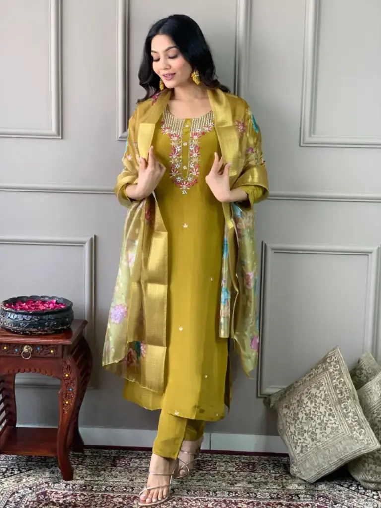 EMBROIDED CHANDERI KURTA SETS