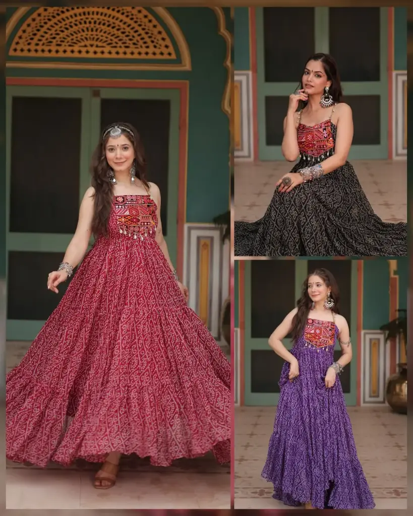 Bandhani Print Gown with kutchi patchework