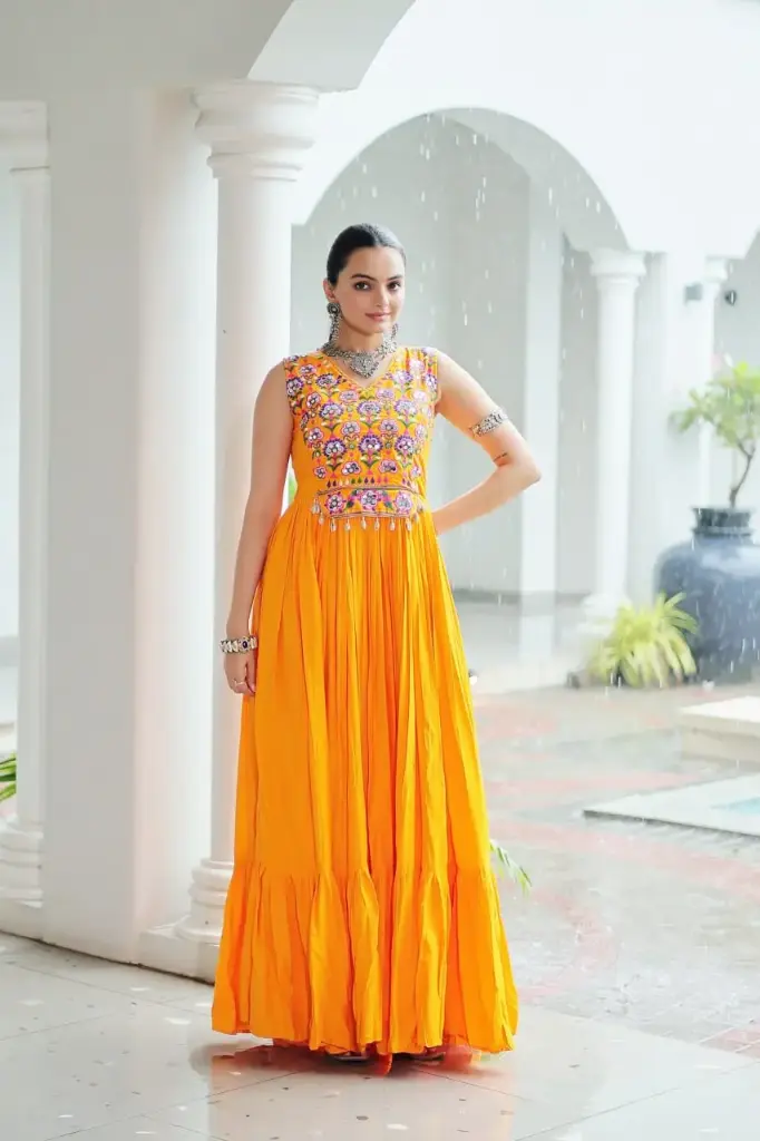 GOWN WITH KUTCHI GAMTHI THREAD EMBROIDERED & MIRROR WORK