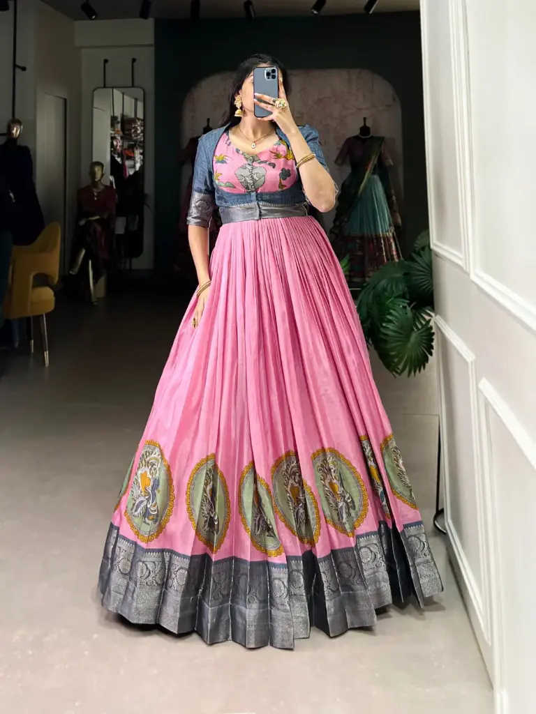  Kalamkari Print Gown With Zari Weaving Border