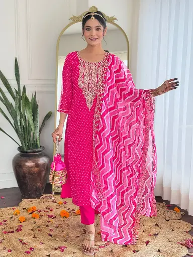 Women's Vichitra Silk with Cotton Lining Embroidered and Printed Straight Kurta with Rayon Pant And Taby Laced Dupatta Sets 
