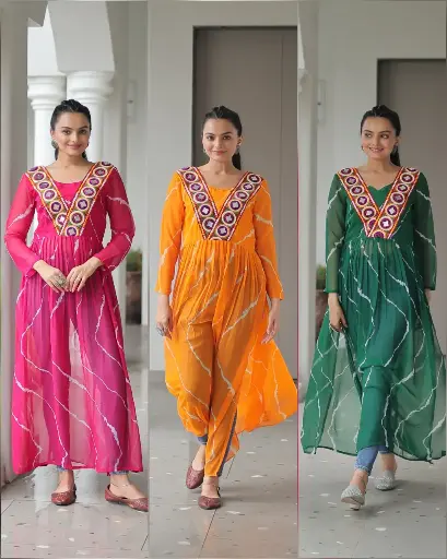 LEHRIYA PRINT KURTI  WITH KUTCHI PATCHEWORK
