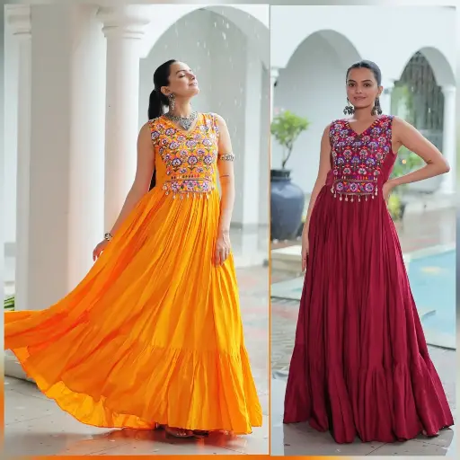 GOWN WITH KUTCHI GAMTHI THREAD EMBROIDERED & MIRROR WORK