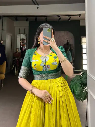  Kalamkari Print Gown With Zari Weaving Border