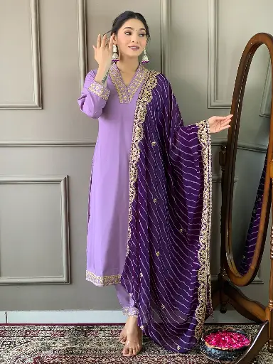 Embroidered Viscose Silk Blend kurta Pant Dupatta set 