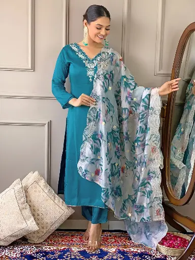 Viscose Embroidered Straight Kurta with Viscose Pant And Chanderi Cotton Printed Dupatta Sets
