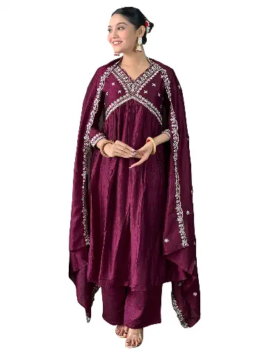  Vichitra Silk Embroidered Flared Kurta with Viscose Silk Pant & Chinon Embroidered Laced Dupatta.