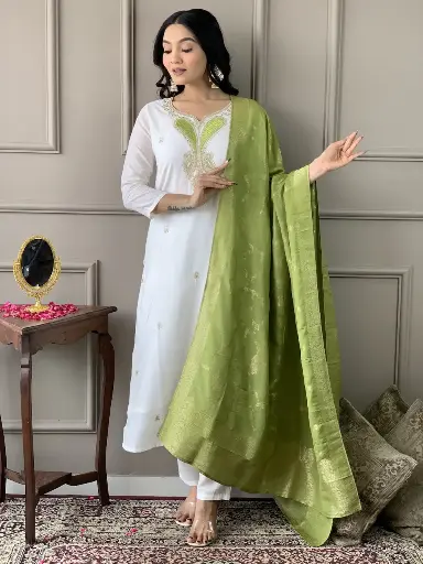 Embroidered Straight Kurta with Viscose Pant & Jacquard   Dupatta.