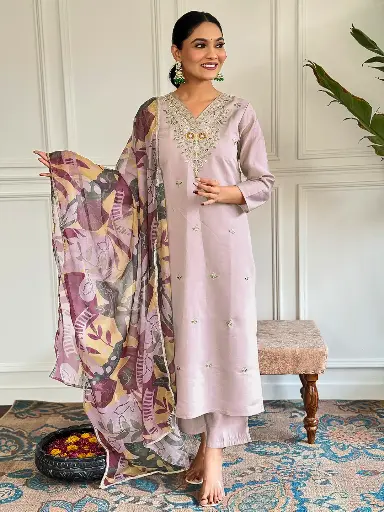 [SKU: 570/NAVLIK] Chanderi with Cotton Lining Embroidered Straight Kurta with Chanderi Pant And Taby Printed Dupatta Sets