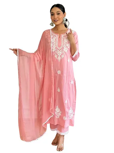 [SKU: 574/NAVLIK] Pure Cotton Embroidered Lakhnavi Work Kurta with Pant & Laced Dupatta.