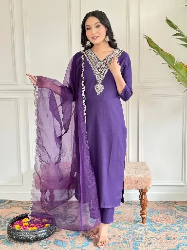 Embroidered Kurta with Rayon Slub Pant & Organza Laced Dupatta.