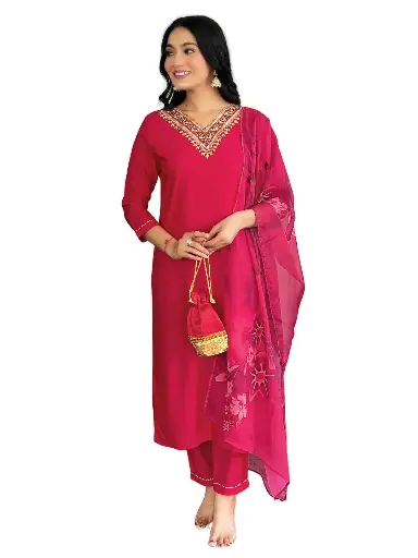 Embroidered Straight Kurta with Rayon Pant & Silk Printed Dupatta.