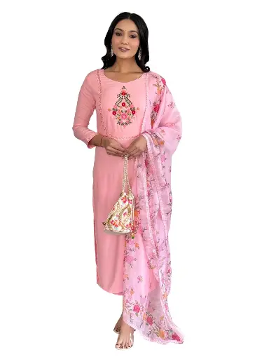 [SKU: 584] RAYON EMBROIDERED KURTA & PANT WITH SILK PRINTED DUPATTA