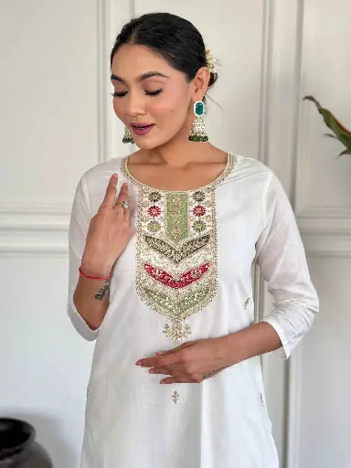 VISCOSE EMBROIDERED KURTA & PANT WITH JACQUARD DUPATTA