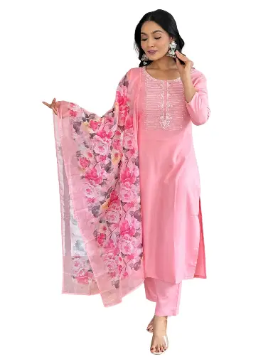 Embroidered Straight Kurta with Rayon Slub Pant And Silk Printed Dupatta Sets