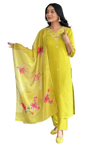 Rayon Slub Embroidered Straight Kurta with Pant And Pure Organza Printed Dupatta Sets 