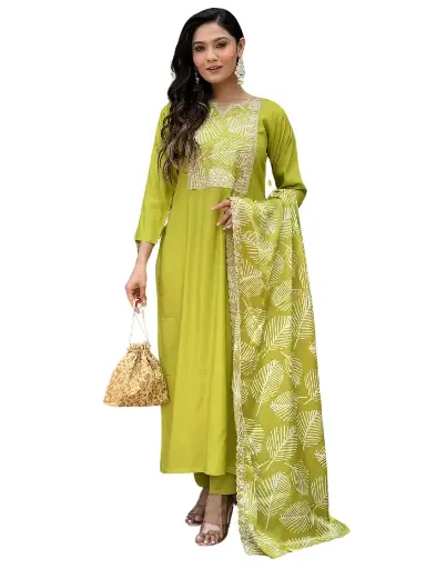 Viscose Embroidered Straight Kurta with Pant And Embroidered Laced Dupatta Sets 