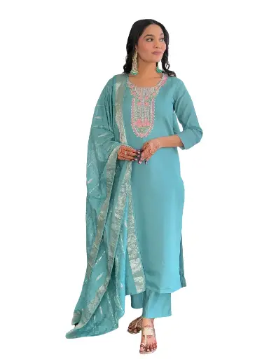 [651/NAVLIK] Chanderi Embroidered Straight Kurta with Pant And Viscose Jacquard Printed Dupatta Sets